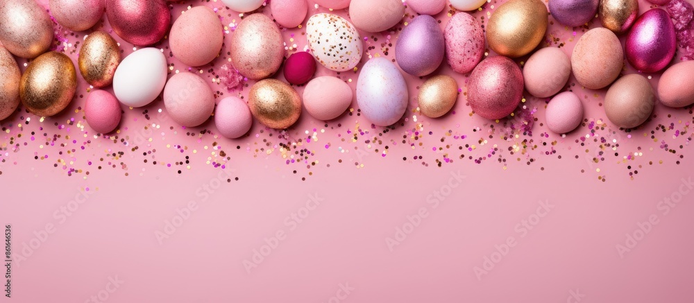 Poster a top-down view of decorated pink and gold eggs surrounded by colorful confetti, set against a pink 