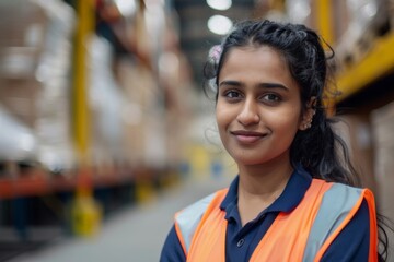 Portrait of a young smiling indian female warehouse worker