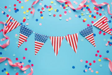 Obraz premium Celebrate Presidents Day with a patriotic banner mockup featuring American flags, confetti, and ribbons. Perfect for USA holidays and election-themed designs