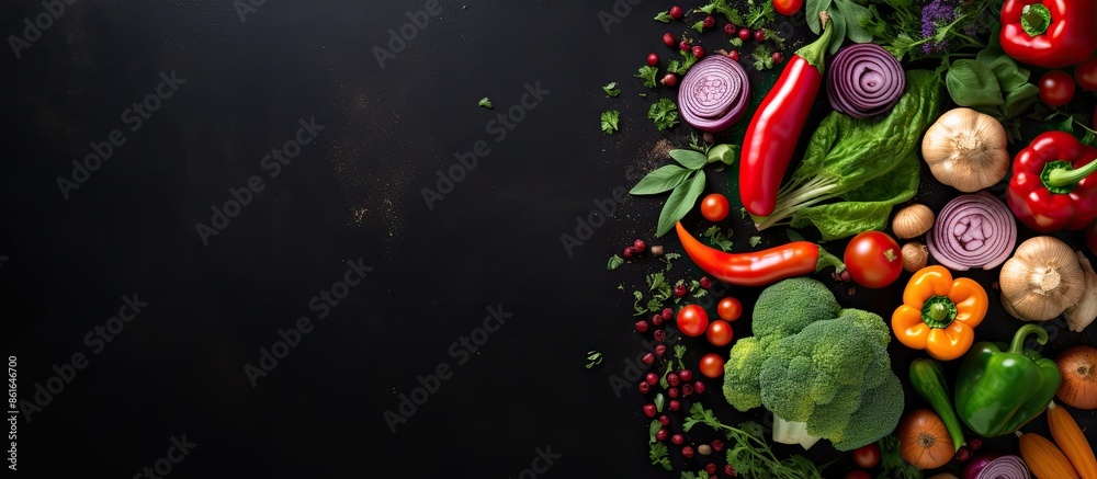 Aufkleber fresh vegetables and cooking ingredients presented from a top view on a dark background, creating a 