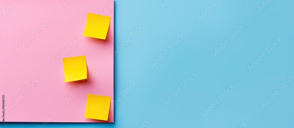 Poster pink note paper and yellow sticky notes on a blue background, providing a top view for a flat lay co