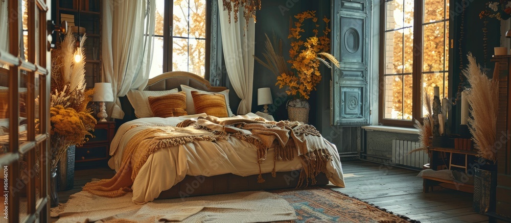 Poster Stylish interior of room with big comfortable bed and autumn decor. with copy space image. Place for adding text or design