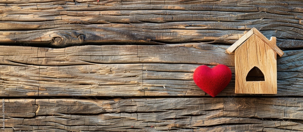 Poster A top-down view of a house figure and heart shape on a wooden backdrop, featuring a copy space image.