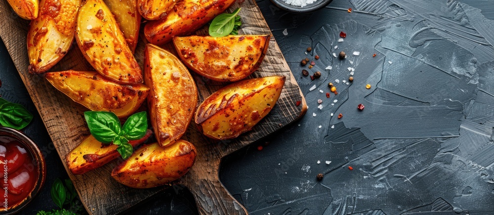 Aufkleber Flat lay of a board with delicious baked potato wedges on a grey background, allowing for text in the image. with copy space image. Place for adding text or design