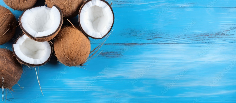 Aufkleber summer-themed image with fresh coconuts on a blue desk with a flat copy space photo.