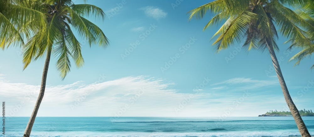 Poster Coconut palm trees by the seaside with a view of the ocean, providing copy space for your text.