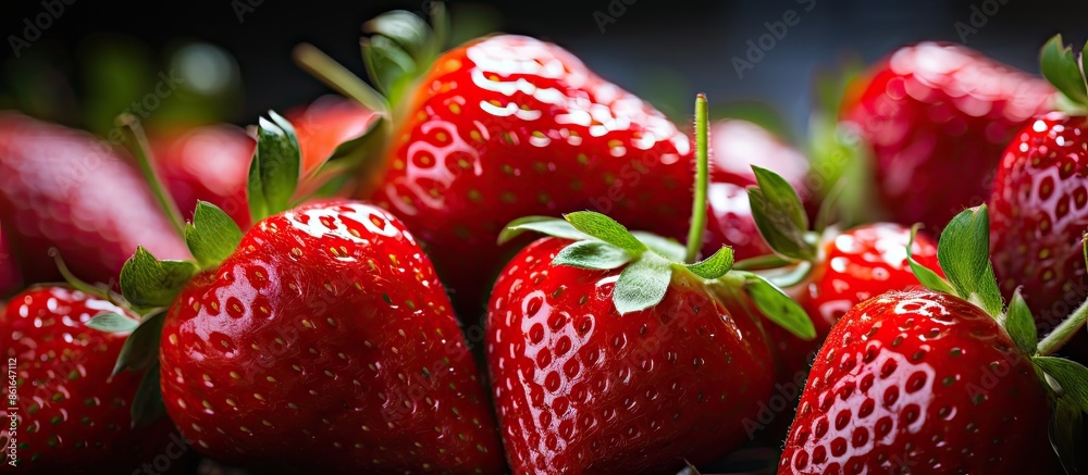 Poster A bunch of vibrant red strawberries with selective focus and a shallow depth of field, creating a toned copy space image.