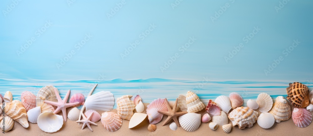 Poster Seashells arranged in a summer-themed frame with copy space image.
