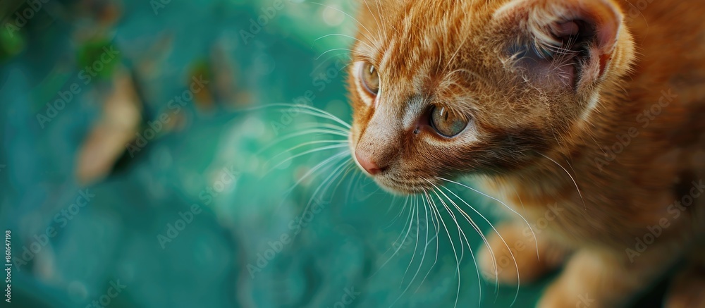 Poster closeup portrait of a ginger kitten on a green background with copy space image as it gazes downward