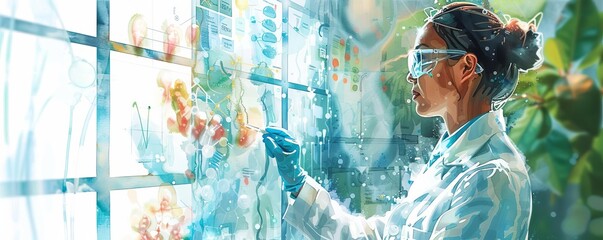 Scientist presenting with detailed illustrations, watercolor style, scientific art