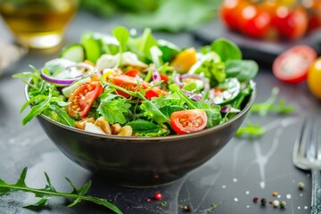 Healthy vegan salad in a bowl on table