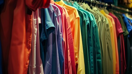 Fototapeta premium Selective focus, Fashion , clothes concept ,Clothes or pants many colors hang on a shelf in a designer clothes store. Clothing hanging on a clothing rack in a shop