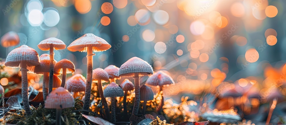 Poster copy space image of mushrooms on the ground with a blurred background.