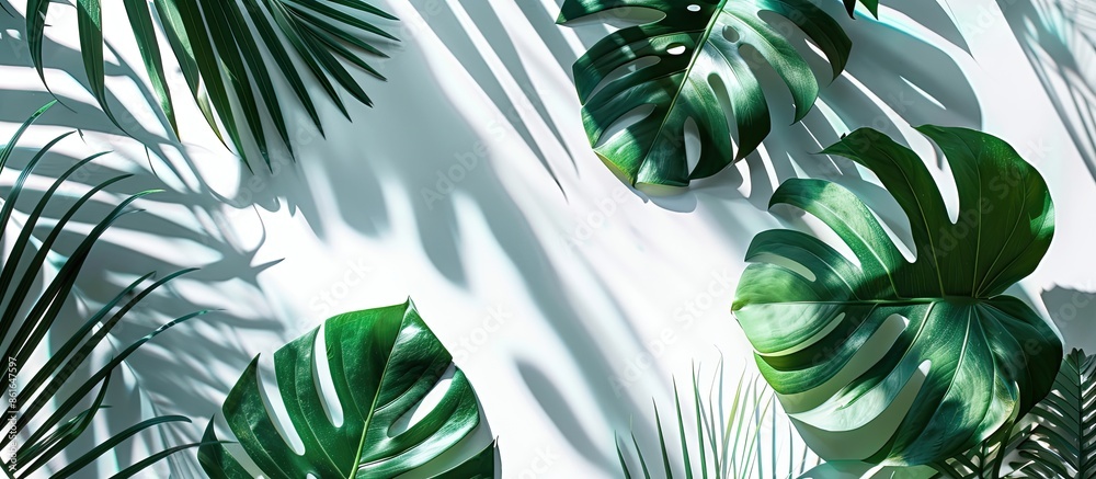 Aufkleber artistic arrangement of vibrant tropical leaves on a white backdrop illuminated by sunlight, casting