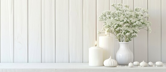 Interior decoration of a house, candles, pot and vase on white wood and mint background. Modern interior. Minimalism style. with copy space image. Place for adding text or design