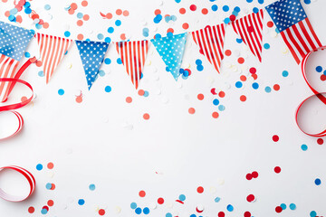 Obraz premium Celebrate Presidents Day with a patriotic banner mockup featuring American flags, confetti, and ribbons. Perfect for USA holidays and election-themed designs