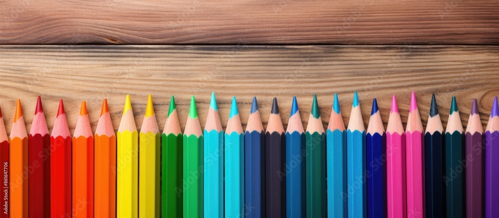 Wall mural colorful array of colored pencils aesthetically arranged on a wooden backdrop with ample copy space 