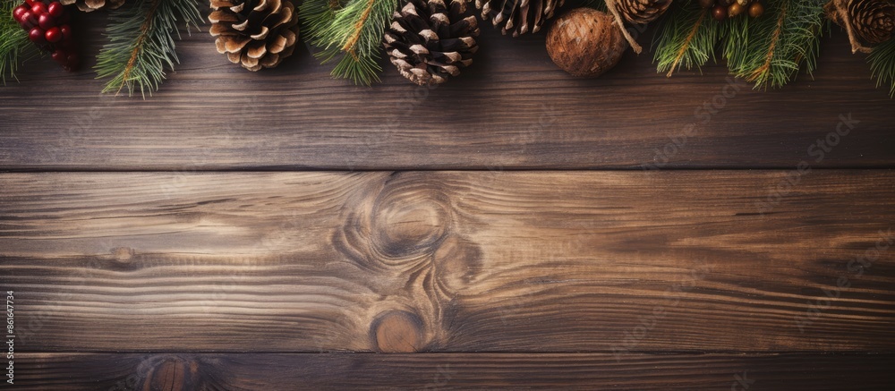 Poster rustic wooden christmas background adorned with pine cones, offering ample copy space for images.