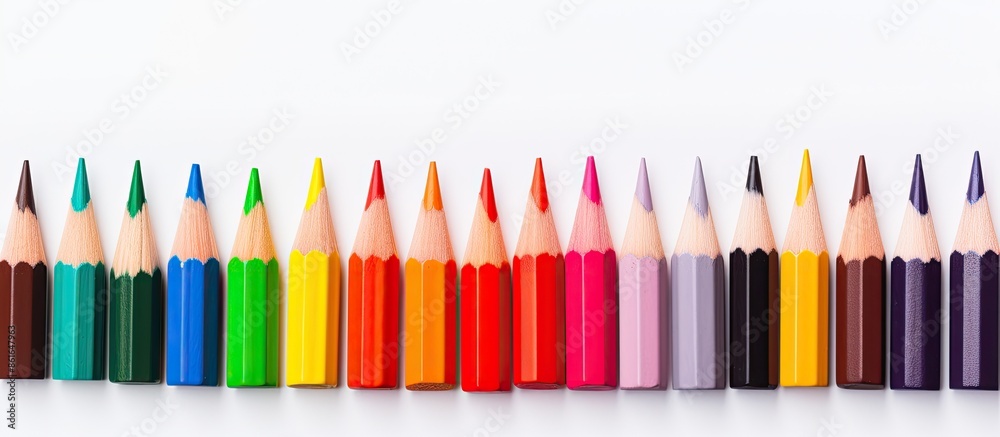 Poster color pencils held against a white backdrop with a creative scene for a copy space image.