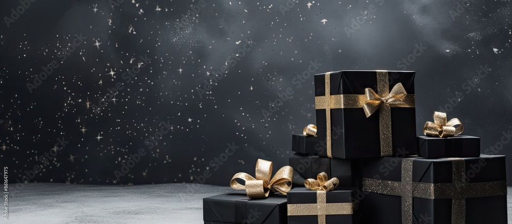 Poster christmas-themed concept with a stack of assorted-sized black gift boxes, providing copy space image