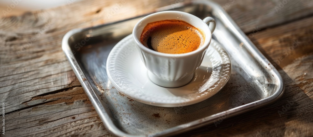 Poster black coffee in a white cup on a silver tray on a wooden table close-up. space. with copy space imag