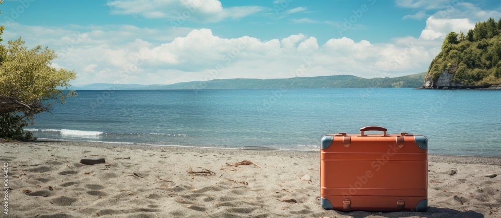 Aufkleber scenic beach vista with a suitcase on the shore in a copy space image.