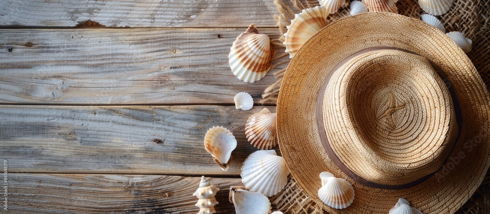 Poster A straw hat and seashells on a wooden backdrop, with a copy space image available for text.