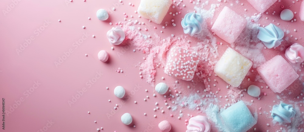 Poster sugar for the engagement .decorative sweets for engagement . pastel background. with copy space imag
