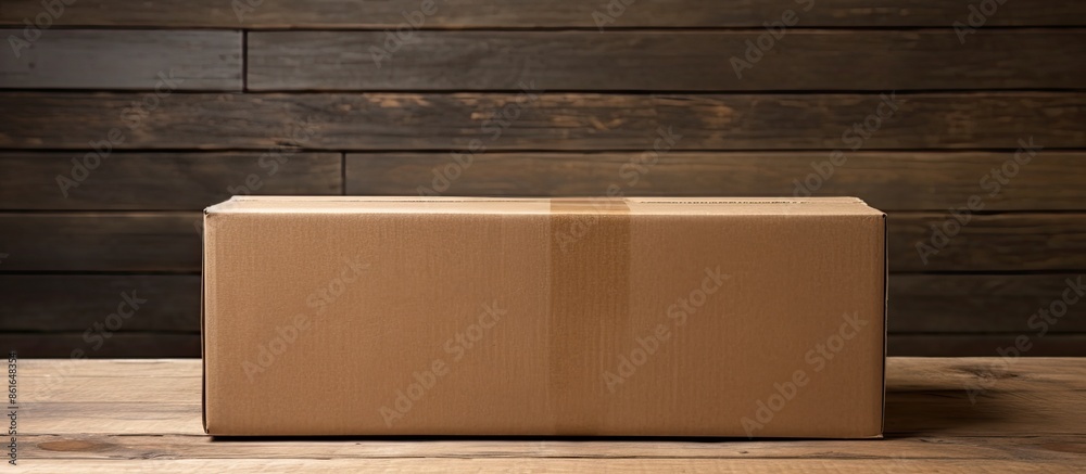Aufkleber cardboard box placed on a wooden table with copy space image available.