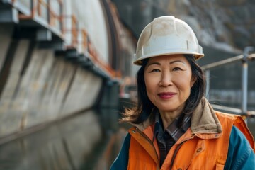 Portrait of a middle aged smiling female engineer at Hydroelectric Dam