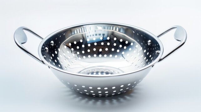 A close-up shot of a stainless steel colander on a white background, useful for food photography and commercial use