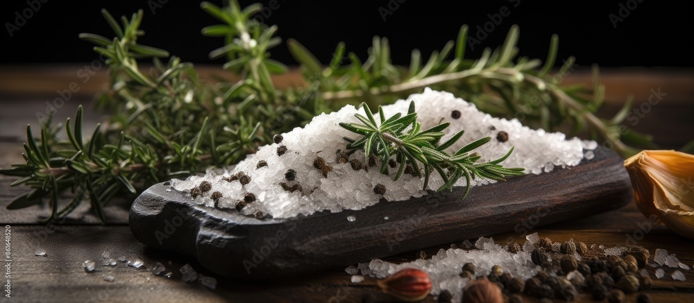 Poster aromatic thyme and peppercorns with sea salt on a rustic wooden board, providing a pleasing arrangem