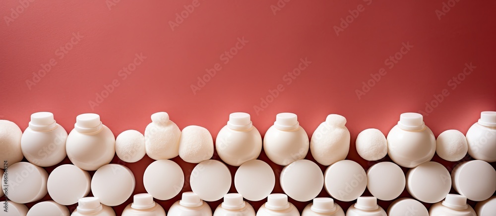 Aufkleber Cosmetic bottles arranged on colored backdrop with copy space image. Cream containers and cotton pads in flat lay composition from above.