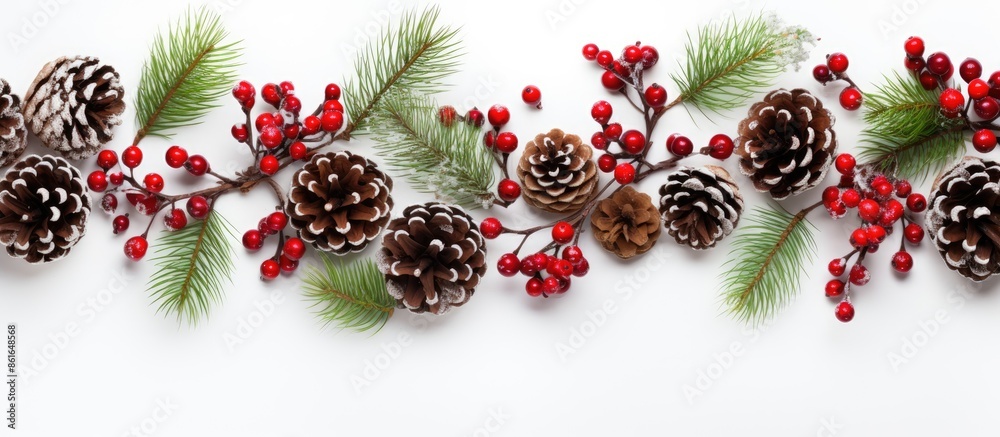 Poster white background with copy space image featuring a christmas border of tree branches, red berries, a