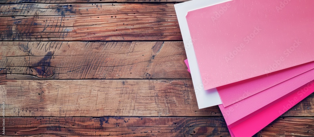 Poster Abstract white and pink paper sheets adorning a wooden table with a copy space image for text, serving as a creative background perfect for design or mock-ups.