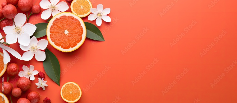 Poster A flat lay displaying a red and orange paper background, ideal for adding text or products related to summer or Valentine's Day, with ample copy space for customization.