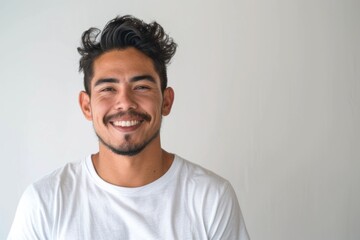 Obraz premium Portrait of a young handsome man in white t shirt on white background