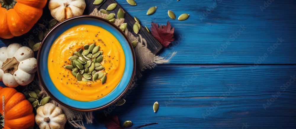 Poster a top view of pumpkin soup puree served in a blue plate on a wooden table. decorated with slices of 