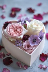 A heart-shaped box filled with fresh flowers on a table, perfect for romantic occasions or as a gift