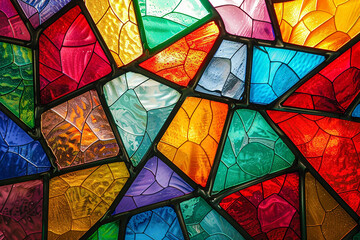 Colorful stained glass background with detailed geometric patterns, high resolution