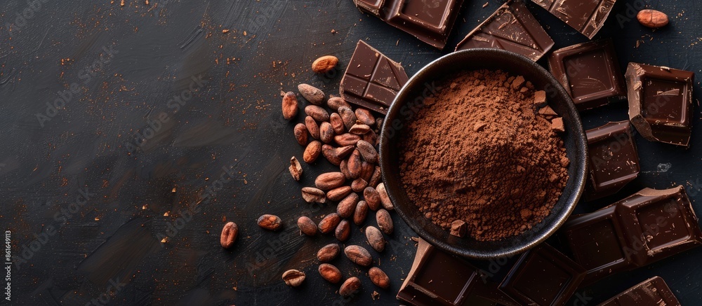 Aufkleber a chocolate and cacao concept with cocoa powder in a bowl beside cocoa beans and shattered chocolate