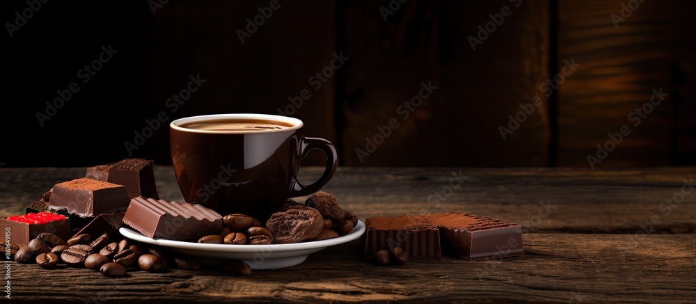 Poster a cup of coffee and chocolate placed on a wooden table with a dark background, ideal for showcasing 