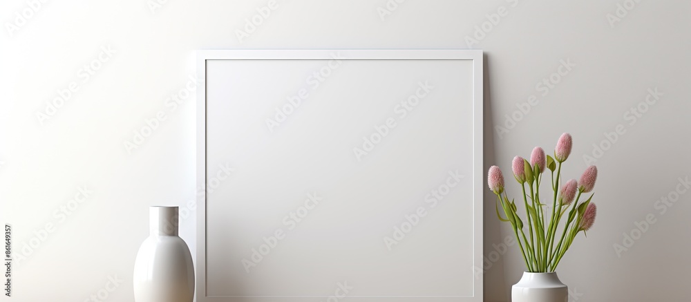 Poster White wall with a vertical empty frame mockup featuring a flower pot, providing a blank canvas for artwork, including copy space image.