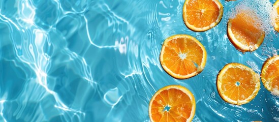 Summer-themed background featuring orange fruit slices floating in a pool, perfect as a wallpaper with space for text or images. with copy space image. Place for adding text or design