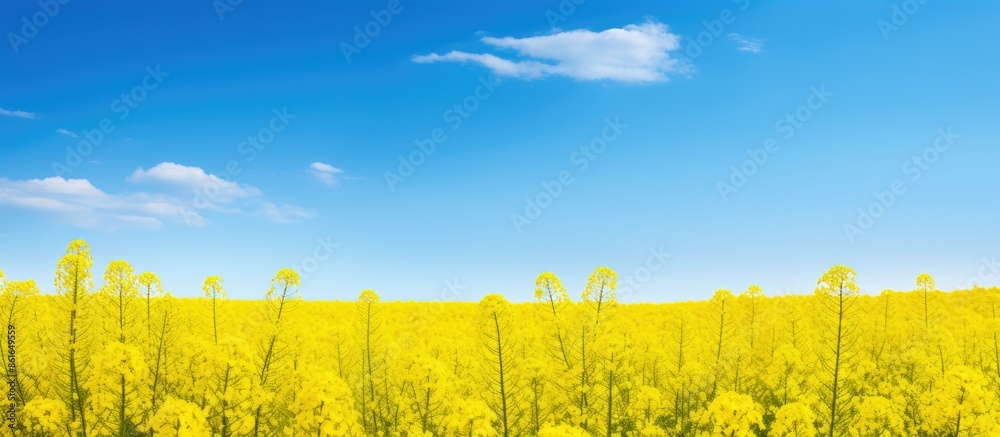 Poster vibrant canola flowers blooming in a rapeseed field with a bright yellow copy space image capturing 