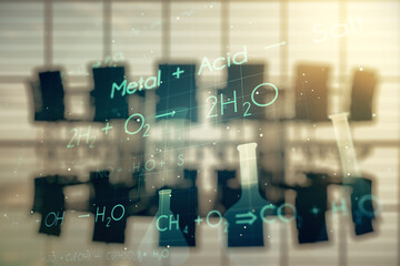 Creative chemistry hologram on a modern boardroom background, pharmaceutical research concept. Multiexposure