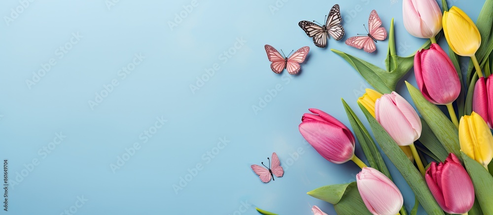 Poster top view of pink tulips, mimosa, and butterflies on a blue background with copy space image for vari