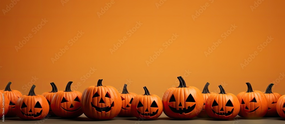 Poster halloween concept with pumpkins on an orange background, featuring a copy space image for text or de