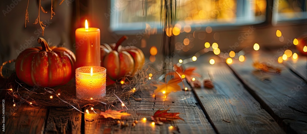Poster pumpkins and candle with fairy lights around on a wooden table. autumn season image, cozy home atmos
