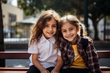 Obraz premium Portrait of two smiling school girls sitting together outdoors